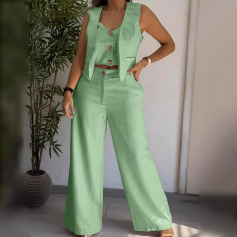 🔥Trendiger Damen-Zweiteiler: Ärmellose Weste in Layering-Optik & weite Hose