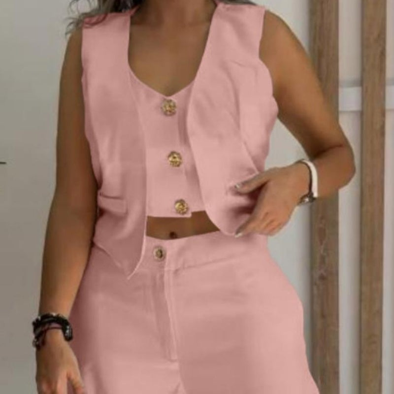 🔥Trendiger Damen-Zweiteiler: Ärmellose Weste in Layering-Optik & weite Hose