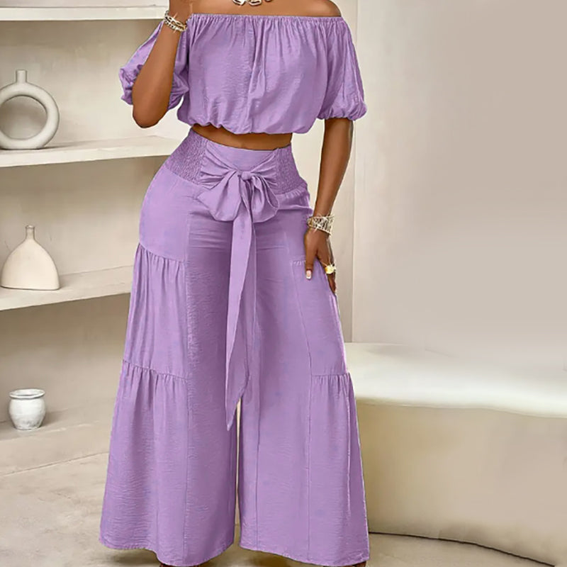 👑Damen zweiteiliges Set: Schulterfreies Oberteil mit Puffärmeln und Weitbeinhose📦Kostenloser Versand🔥