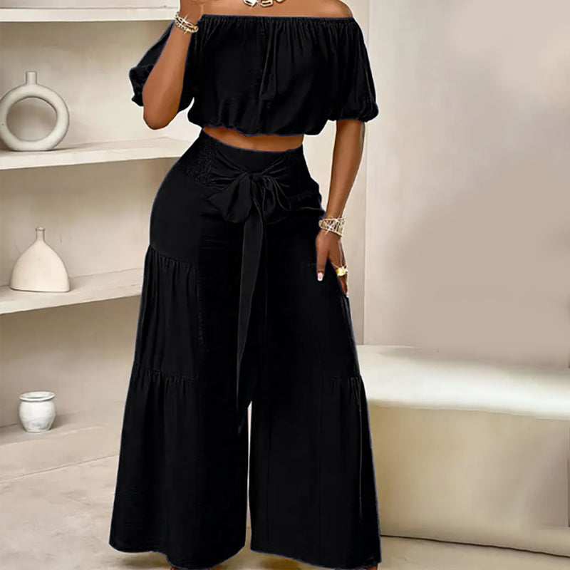👑Damen zweiteiliges Set: Schulterfreies Oberteil mit Puffärmeln und Weitbeinhose📦Kostenloser Versand🔥