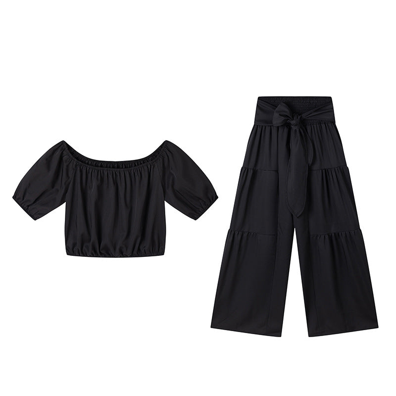 👑Damen zweiteiliges Set: Schulterfreies Oberteil mit Puffärmeln und Weitbeinhose📦Kostenloser Versand🔥
