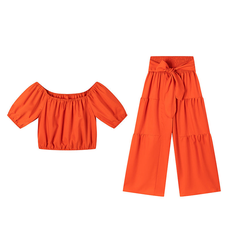 👑Damen zweiteiliges Set: Schulterfreies Oberteil mit Puffärmeln und Weitbeinhose📦Kostenloser Versand🔥