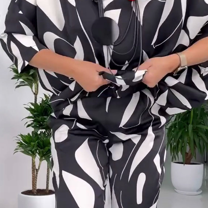 Lässiges, bedrucktes Set mit Rundhals-Top und Hose