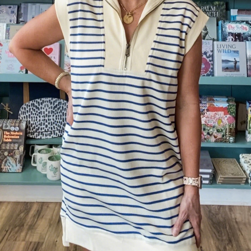 🎉Letzter-Tag-Aktion 50 % RABATT💃Lässiges Strickkleid mit Streifen, Reißverschluss-Ausschnitt und Flügelärmeln