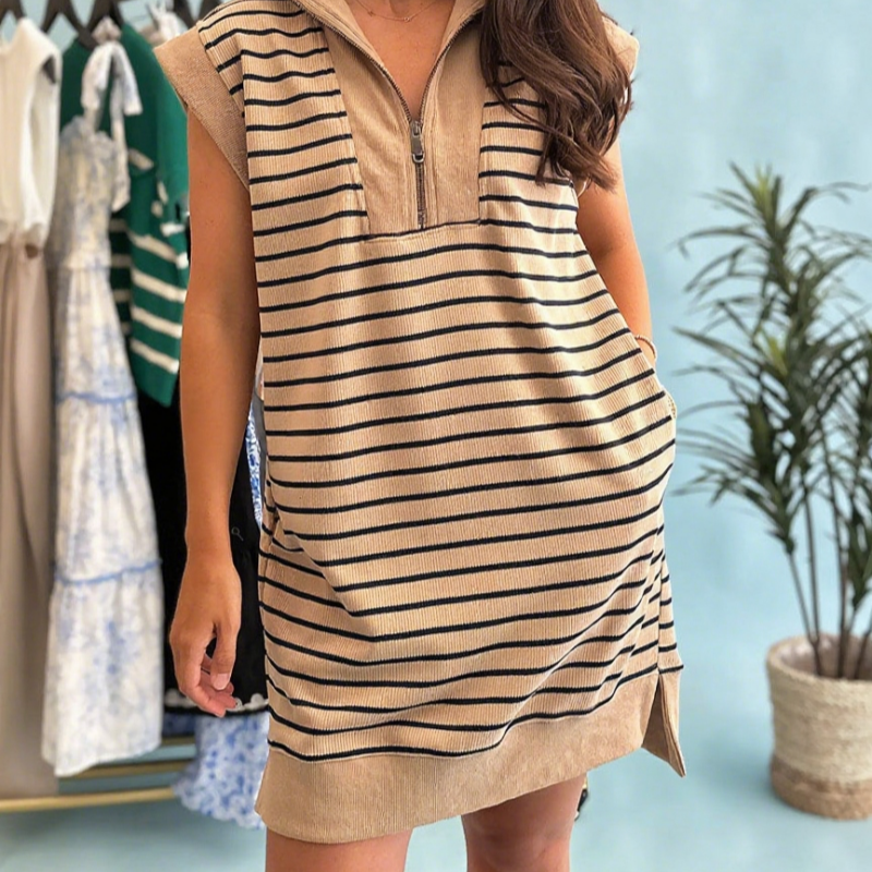 🎉Letzter-Tag-Aktion 50 % RABATT💃Lässiges Strickkleid mit Streifen, Reißverschluss-Ausschnitt und Flügelärmeln