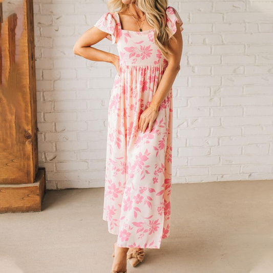 Rosa Maxikleid mit Blumenmuster für Damen