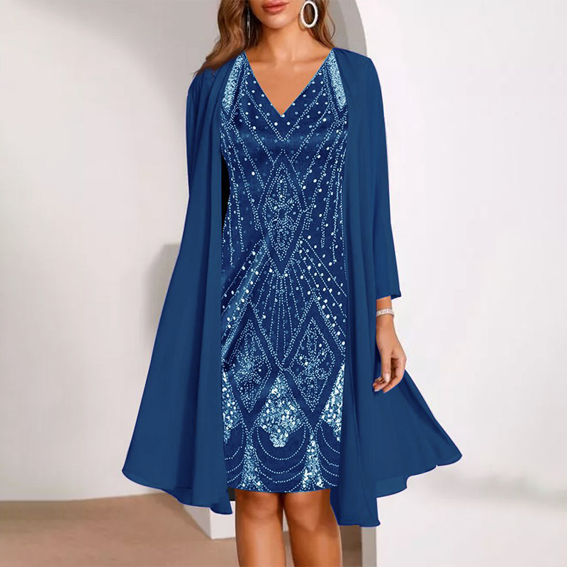 💕Damen-Set: Kleid mit V-Ausschnitt & transparenter langer Jacke
