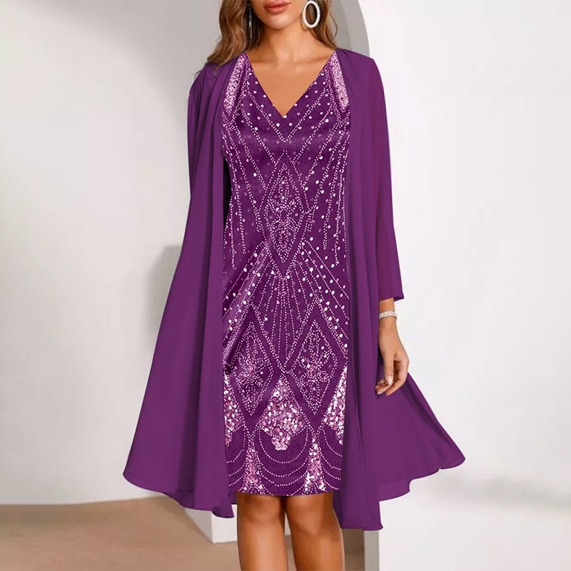 💕Damen-Set: Kleid mit V-Ausschnitt & transparenter langer Jacke