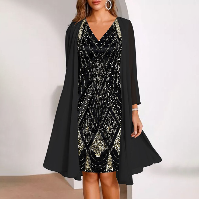 💕Damen-Set: Kleid mit V-Ausschnitt & transparenter langer Jacke