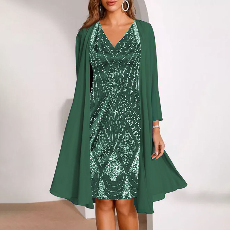 💕Damen-Set: Kleid mit V-Ausschnitt & transparenter langer Jacke