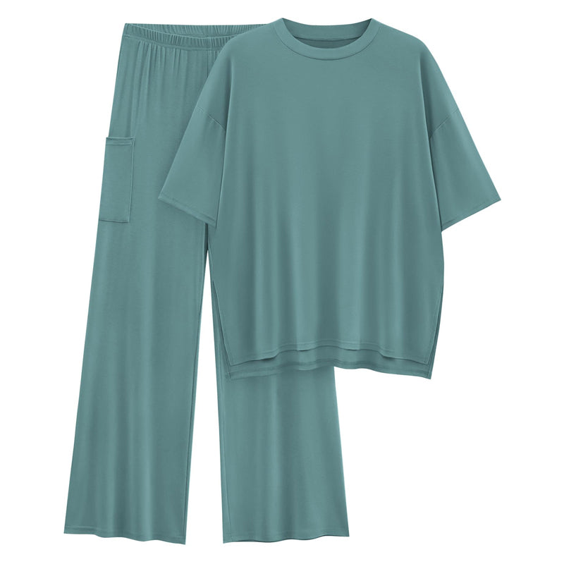 🔥Lässiges 2-teiliges Set aus locker sitzendem Kurzarmoberteil und weit geschnittener Hose mit Taschen
