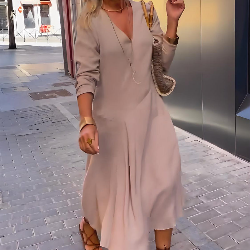 Damen V-Ausschnitt Solides Kleid