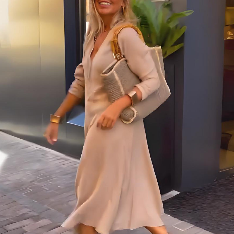 Damen V-Ausschnitt Solides Kleid