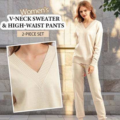 2-teiliges Damen-Set aus Pullover mit V-Ausschnitt und Hose mit hoher Taille