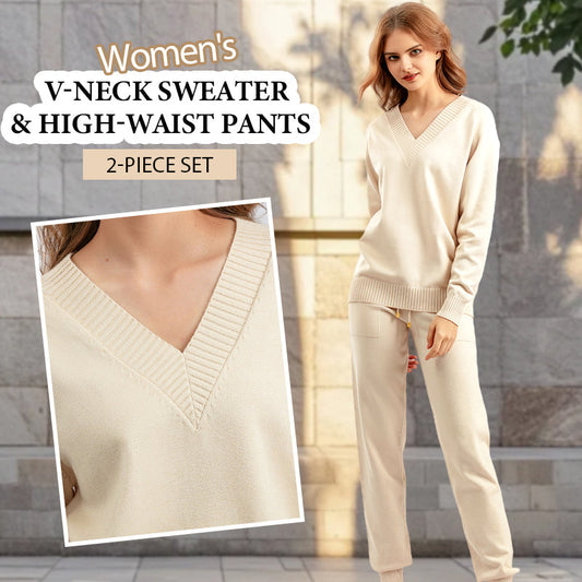 2-teiliges Damen-Set aus Pullover mit V-Ausschnitt und Hose mit hoher Taille