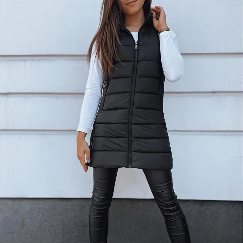 ⏰50 % RABATT🔥Lange Daunenweste für Damen 👗 | Einfarbig | Ärmellos | Mit Kapuze | Winterkleidung 💕