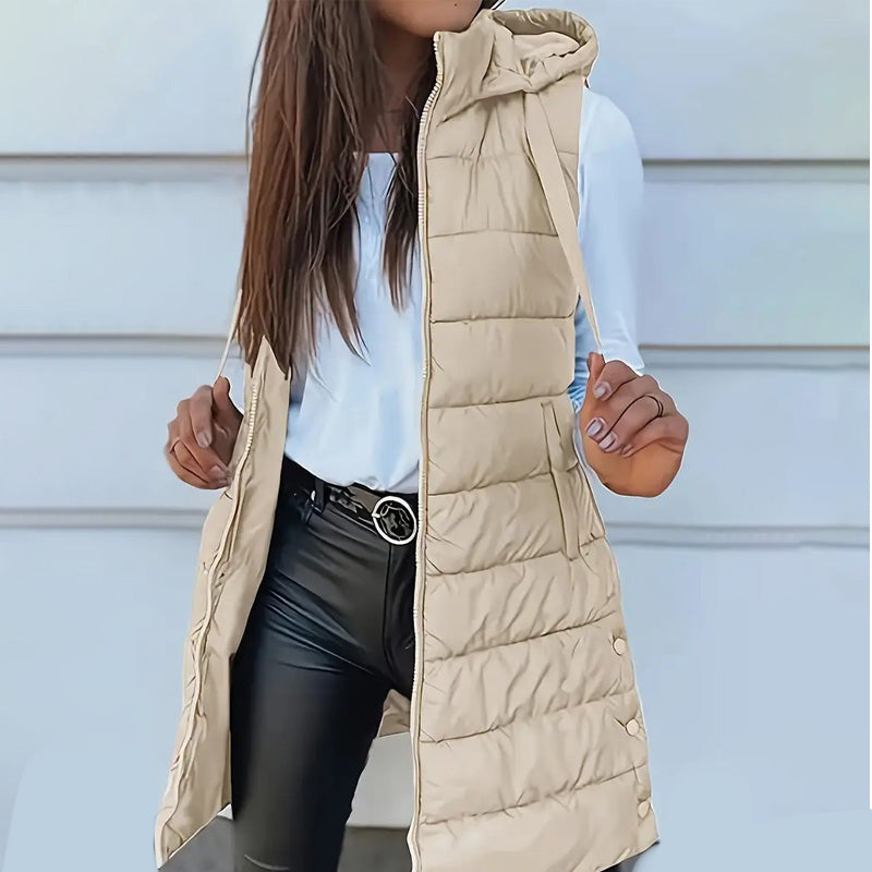 ⏰50 % RABATT🔥Lange Daunenweste für Damen 👗 | Einfarbig | Ärmellos | Mit Kapuze | Winterkleidung 💕