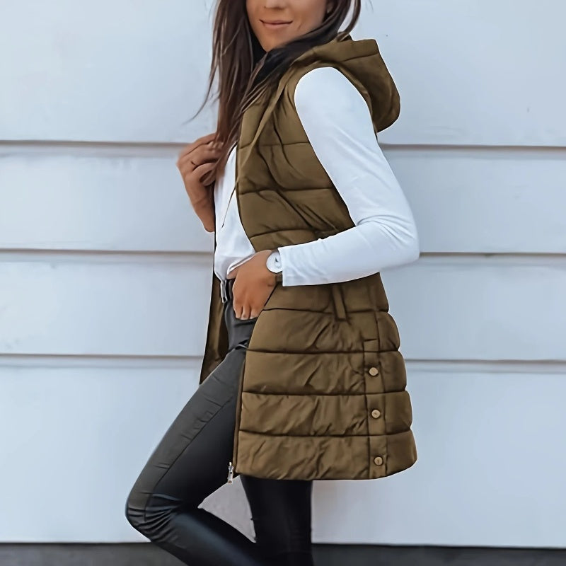 ⏰50 % RABATT🔥Lange Daunenweste für Damen 👗 | Einfarbig | Ärmellos | Mit Kapuze | Winterkleidung 💕