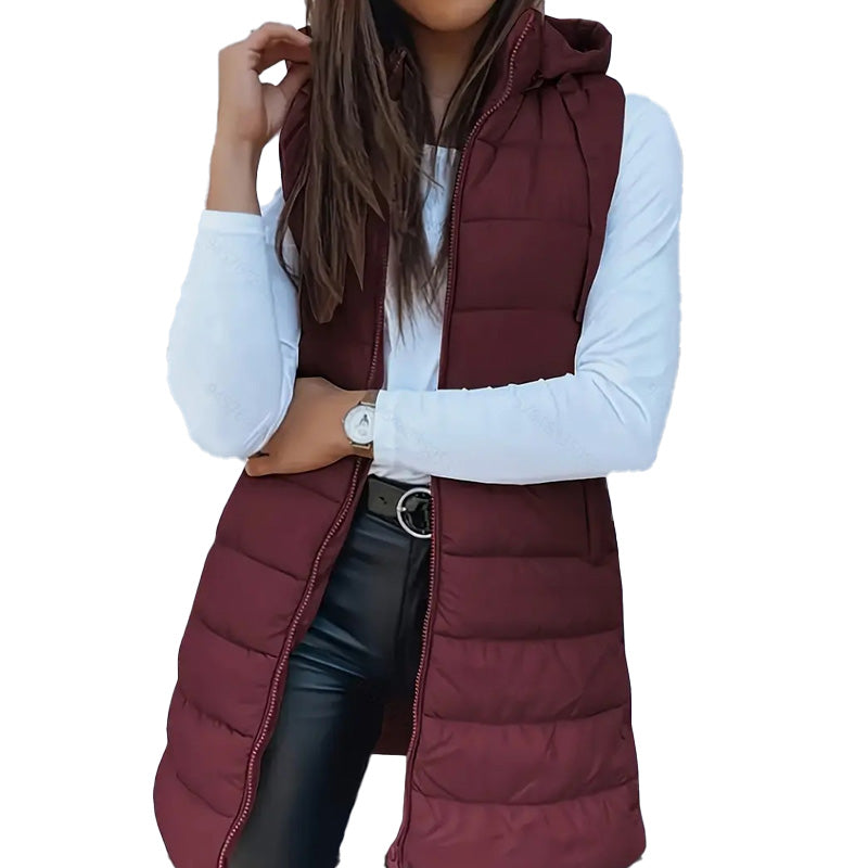 ⏰50 % RABATT🔥Lange Daunenweste für Damen 👗 | Einfarbig | Ärmellos | Mit Kapuze | Winterkleidung 💕