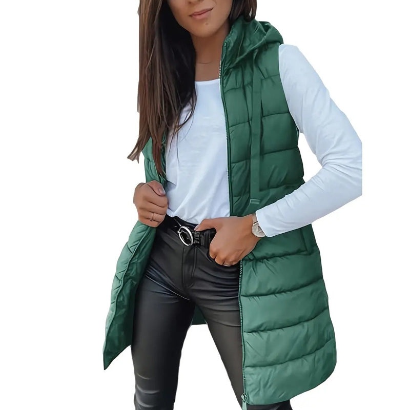 ⏰50 % RABATT🔥Lange Daunenweste für Damen 👗 | Einfarbig | Ärmellos | Mit Kapuze | Winterkleidung 💕