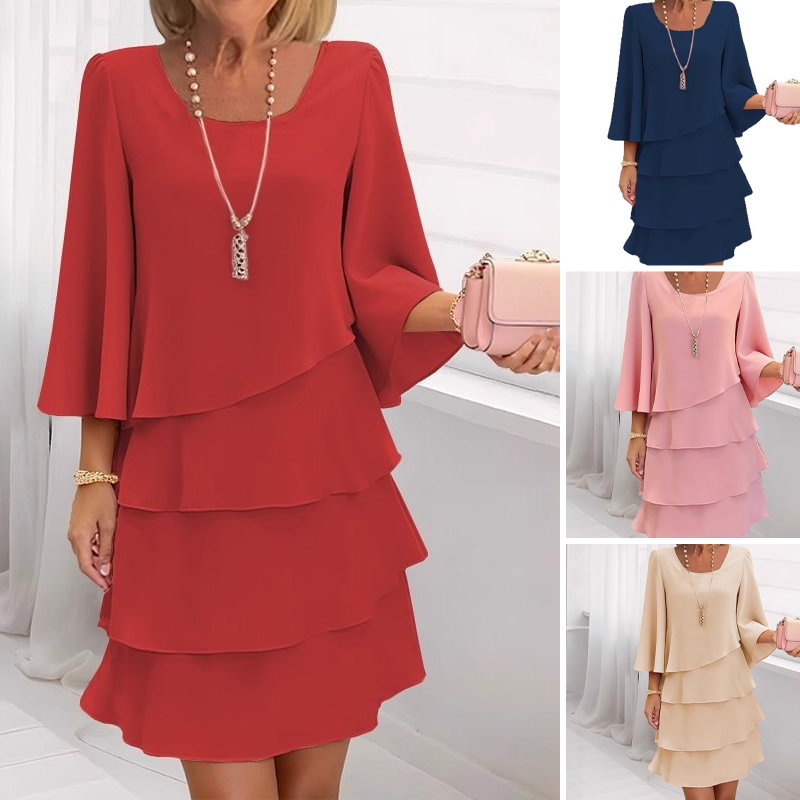 Kleid mit gestuftem Volantsaum und ausgestellten Ärmeln für Damen