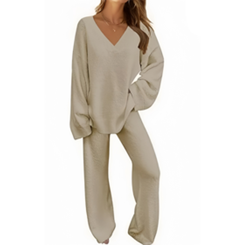Damen-Zweiteiler: Langarm-Pullover mit V-Ausschnitt & Hose