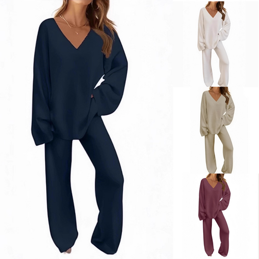🔥Beliebtes Produkt ！✨Damen-Zweiteiler: Langarm-Pullover mit V-Ausschnitt & Hose