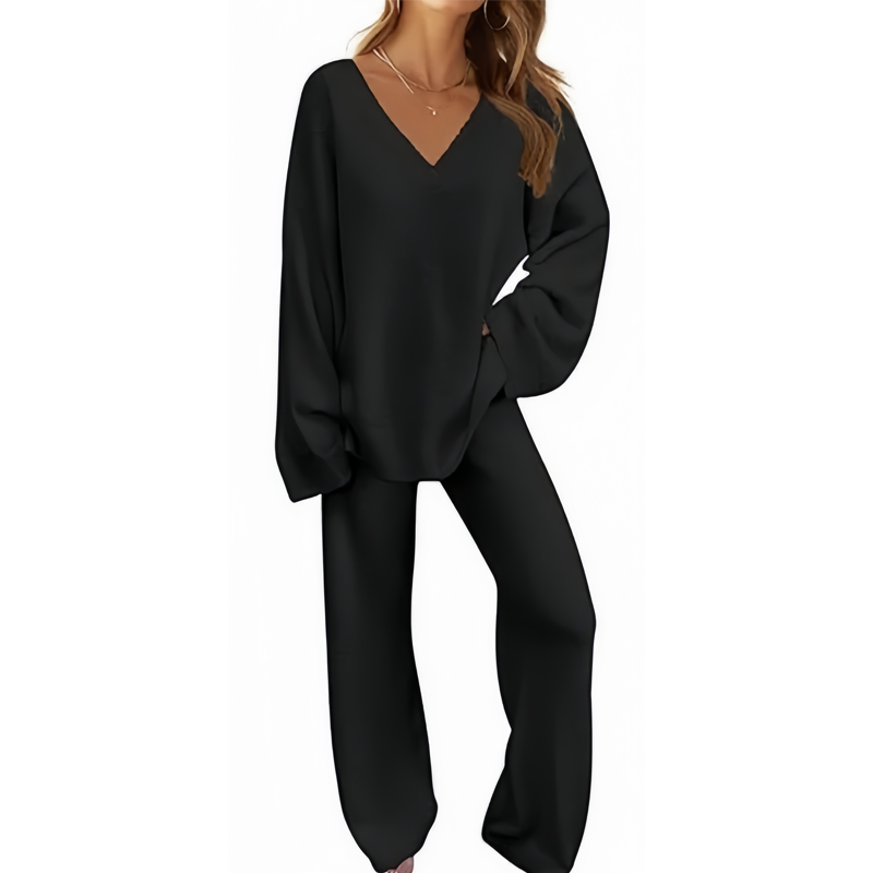 Damen-Zweiteiler: Langarm-Pullover mit V-Ausschnitt & Hose