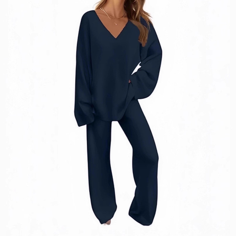Damen-Zweiteiler: Langarm-Pullover mit V-Ausschnitt & Hose