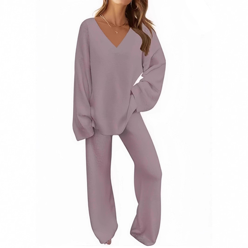 Damen-Zweiteiler: Langarm-Pullover mit V-Ausschnitt & Hose