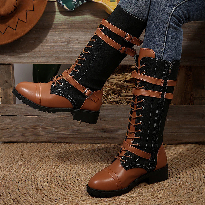 Women's Vintage Combat Boots with Laces and Buckle