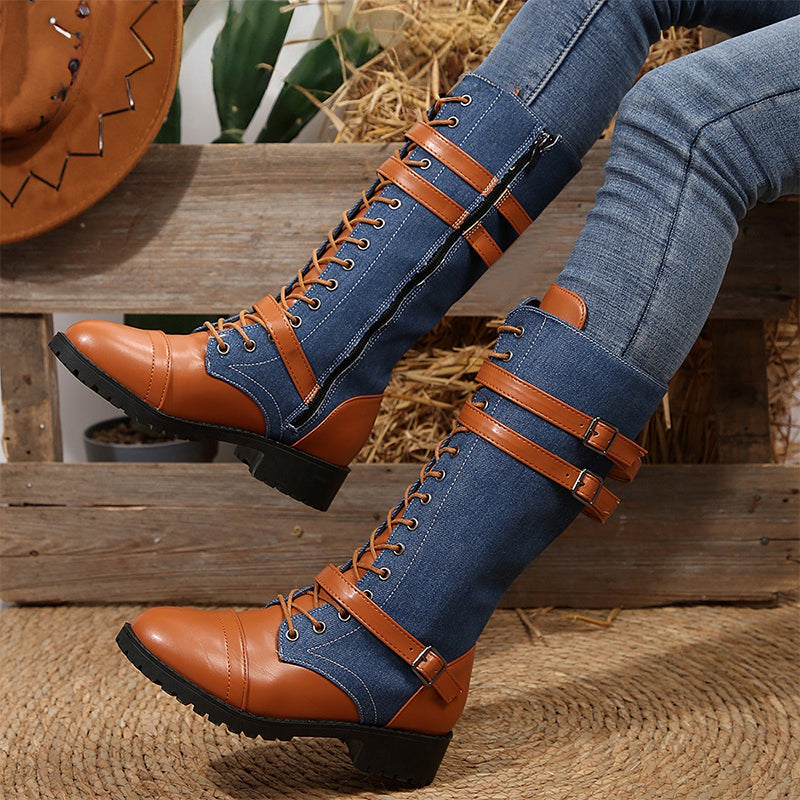 Women's Vintage Combat Boots with Laces and Buckle
