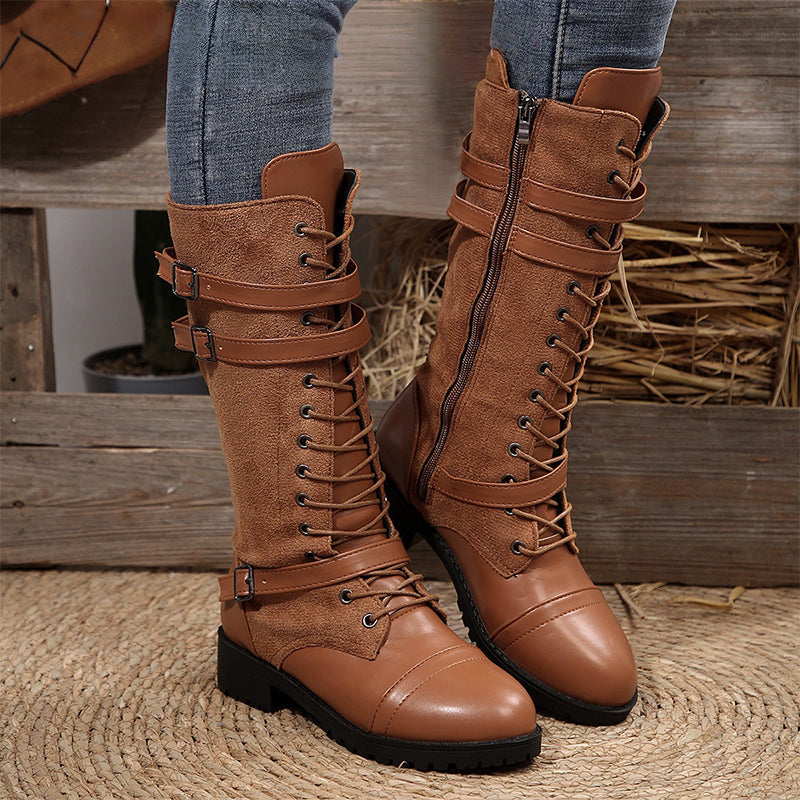 Women's Vintage Combat Boots with Laces and Buckle