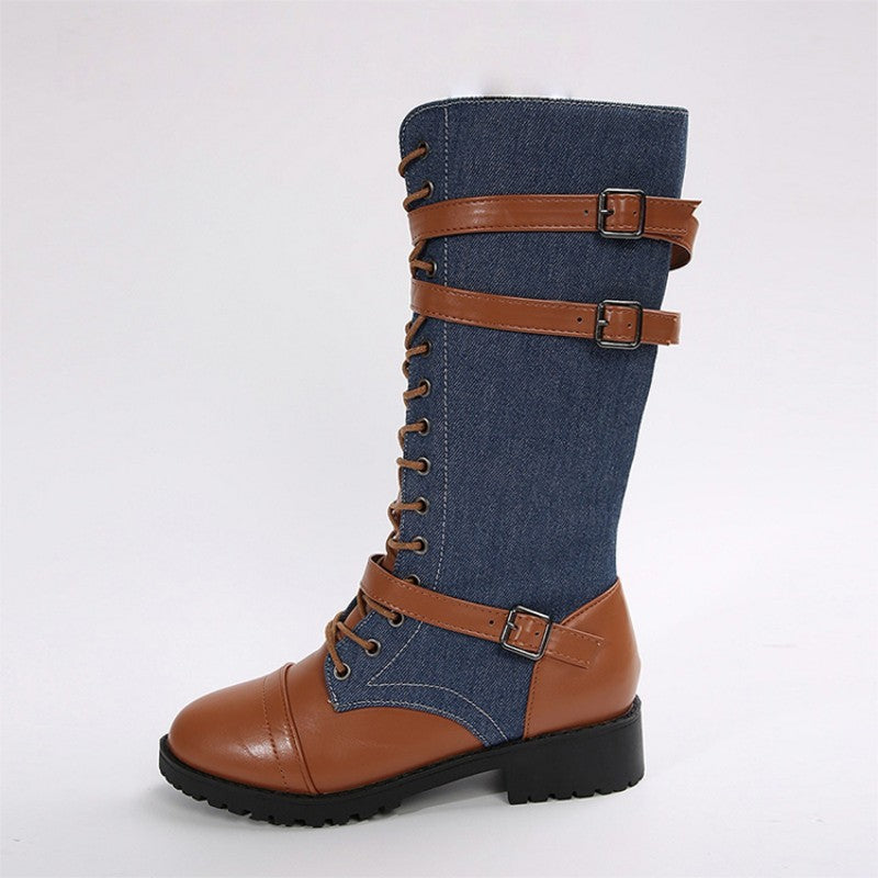 Women's Vintage Combat Boots with Laces and Buckle