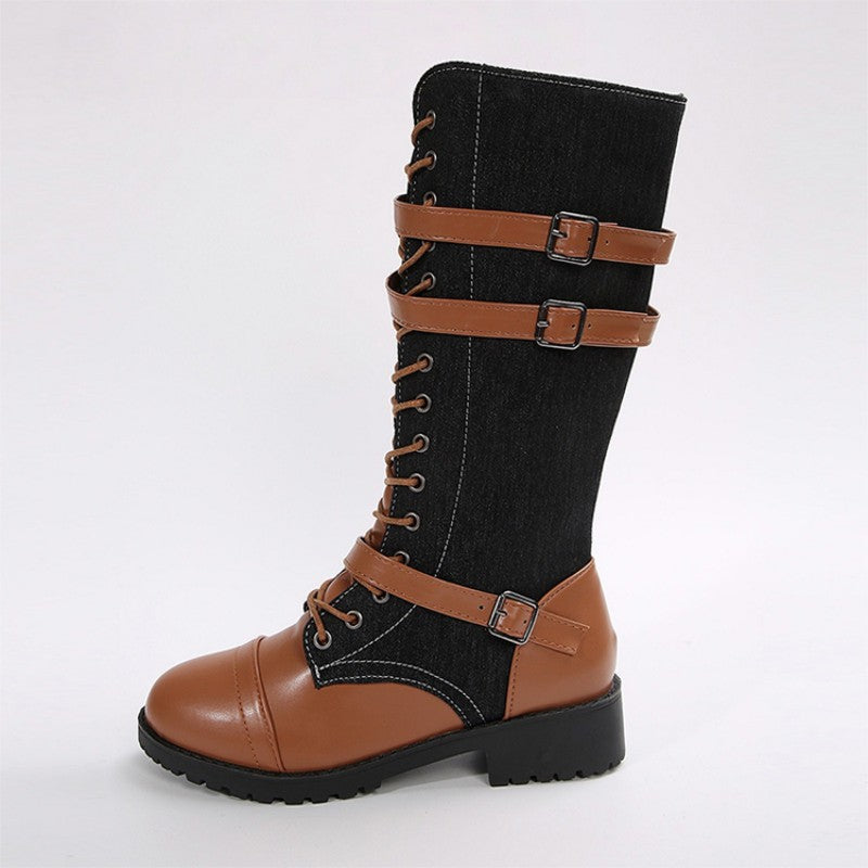 Women's Vintage Combat Boots with Laces and Buckle