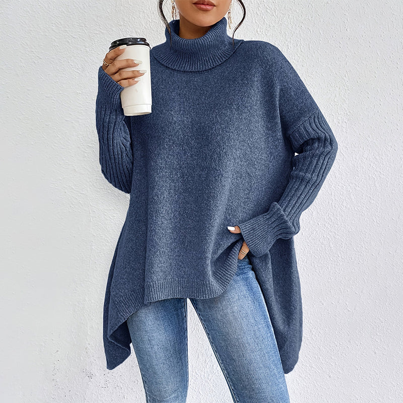 🏆Letzter Tagesverkauf, 50 % RABATT!!💖 Modischer Damenpullover in Volltonfarbe mit überschnittener Schulter, hohem Halsausschnitt und grobem Strick