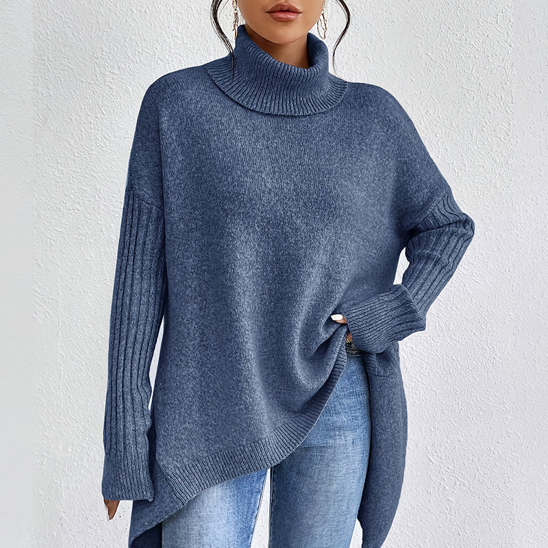 🏆Letzter Tagesverkauf, 50 % RABATT!!💖 Modischer Damenpullover in Volltonfarbe mit überschnittener Schulter, hohem Halsausschnitt und grobem Strick