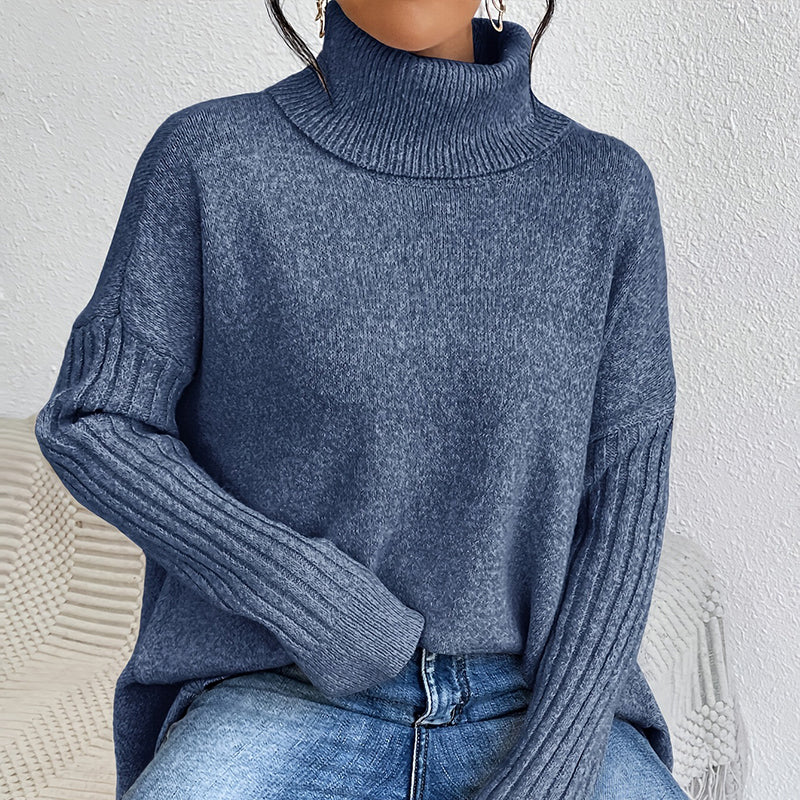🏆Letzter Tagesverkauf, 50 % RABATT!!💖 Modischer Damenpullover in Volltonfarbe mit überschnittener Schulter, hohem Halsausschnitt und grobem Strick