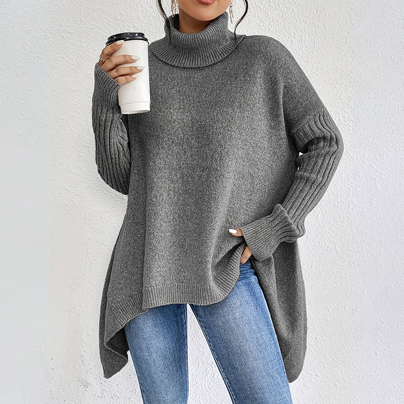 🏆Letzter Tagesverkauf, 50 % RABATT!!💖 Modischer Damenpullover in Volltonfarbe mit überschnittener Schulter, hohem Halsausschnitt und grobem Strick