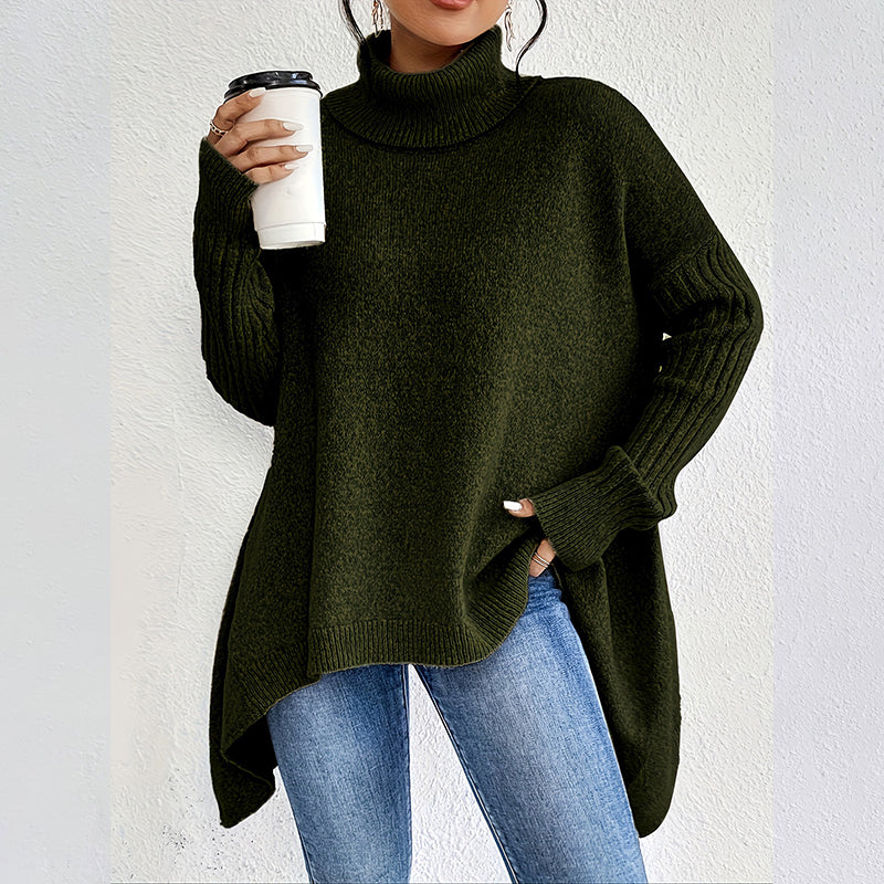 🏆Letzter Tagesverkauf, 50 % RABATT!!💖 Modischer Damenpullover in Volltonfarbe mit überschnittener Schulter, hohem Halsausschnitt und grobem Strick