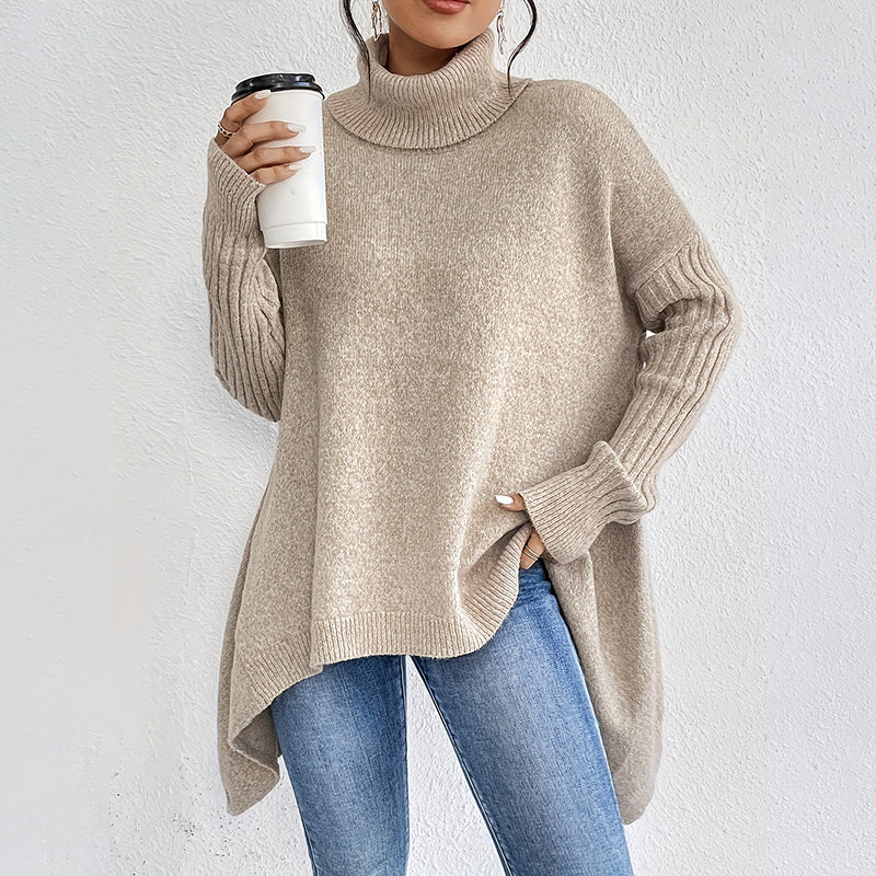 🏆Letzter Tagesverkauf, 50 % RABATT!!💖 Modischer Damenpullover in Volltonfarbe mit überschnittener Schulter, hohem Halsausschnitt und grobem Strick