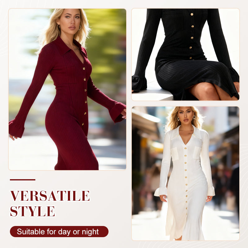 💖AKTION ZUM LETZTEN TAG – 50 % RABATT 💖 Herbstkleid mit V-Ausschnitt und Knopfleiste für Damen