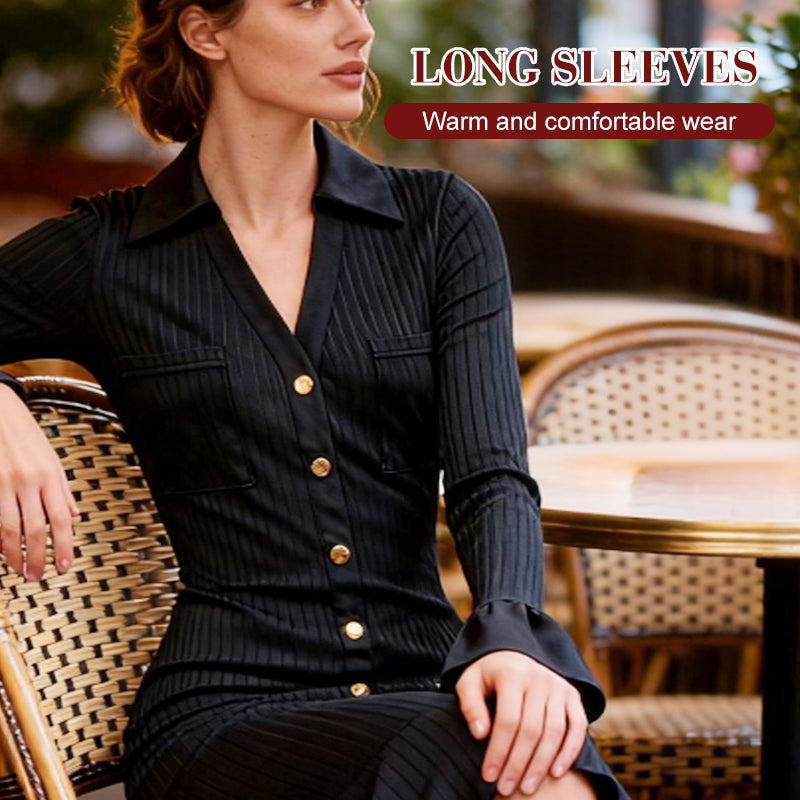 💖AKTION ZUM LETZTEN TAG – 50 % RABATT 💖 Herbstkleid mit V-Ausschnitt und Knopfleiste für Damen