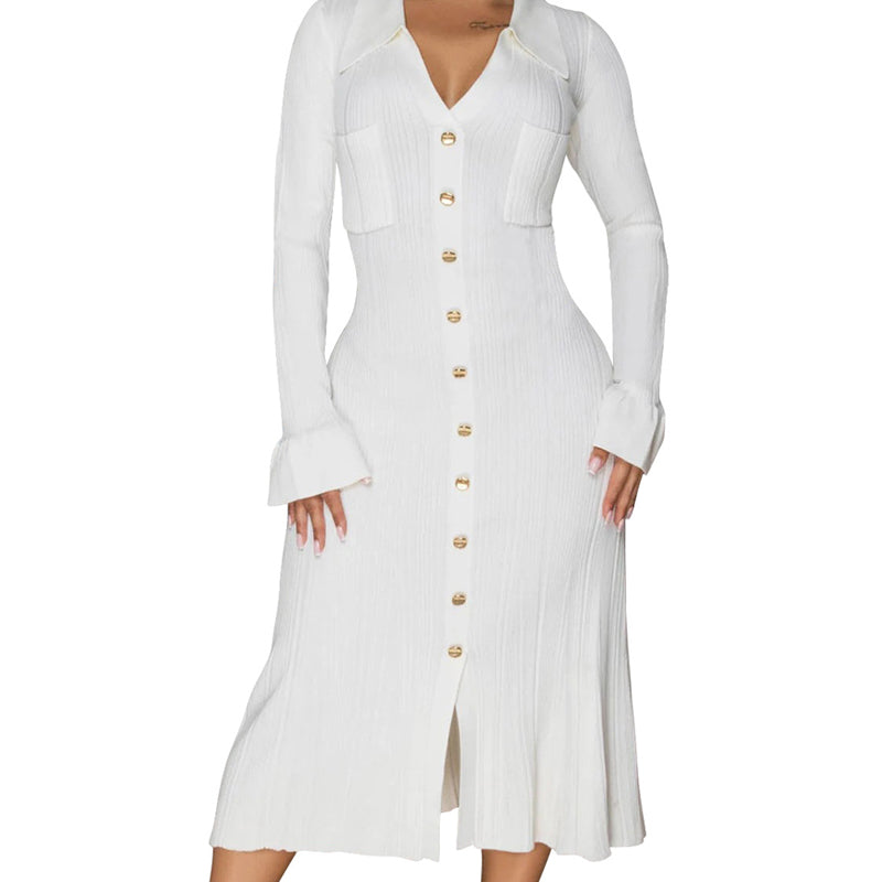 💖AKTION ZUM LETZTEN TAG – 50 % RABATT 💖 Herbstkleid mit V-Ausschnitt und Knopfleiste für Damen