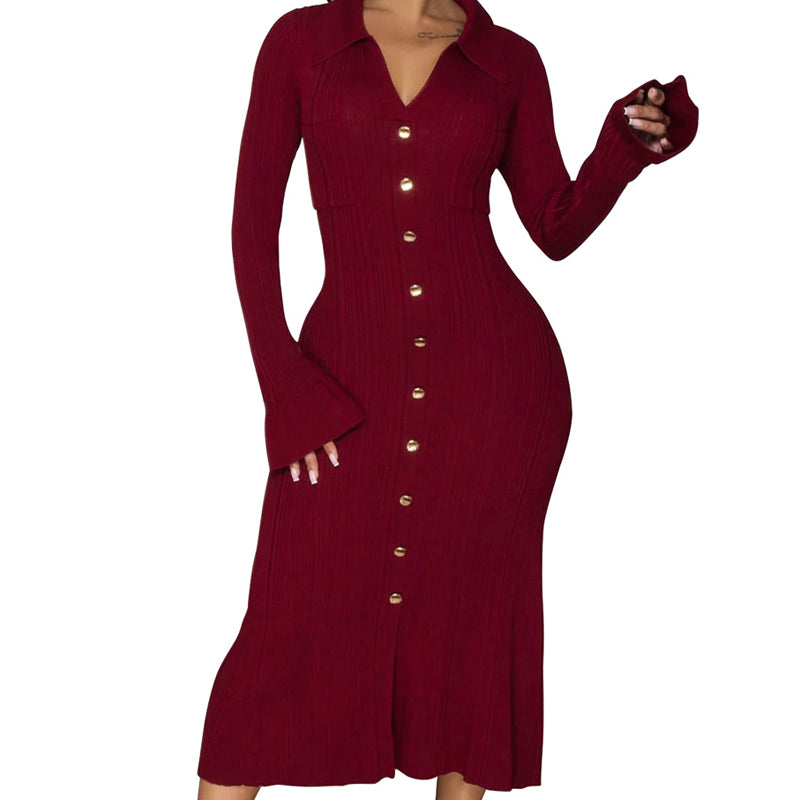 💖AKTION ZUM LETZTEN TAG – 50 % RABATT 💖 Herbstkleid mit V-Ausschnitt und Knopfleiste für Damen