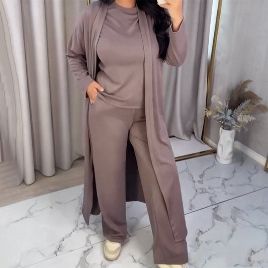 ⏳Nur für kurze Zeit 50 % Rabatt⏰3-teiliges Freizeit-Outfit für Damen (lange Strickjacke, Oberteil und Hose)👚👖