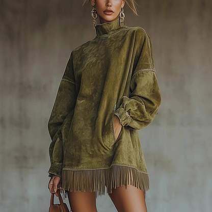 👗✨ Jetzt im Trend –Casual Turtleneck Pocket Dress with Tassel Hem