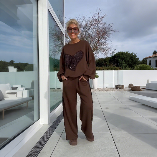 2-teiliges Set aus Oberteil und Hose mit Paillettenherzen für Damen