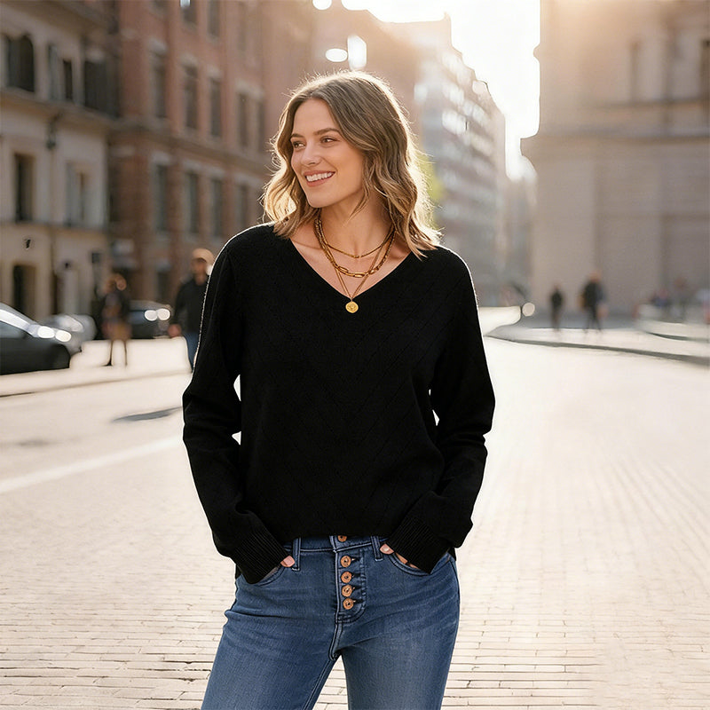 Pullover mit V-Ausschnitt und Lochmusterstrick