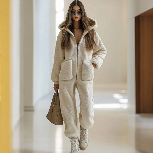 Warmer Damen-Overall mit Kapuze, Reißverschluss und Taschen